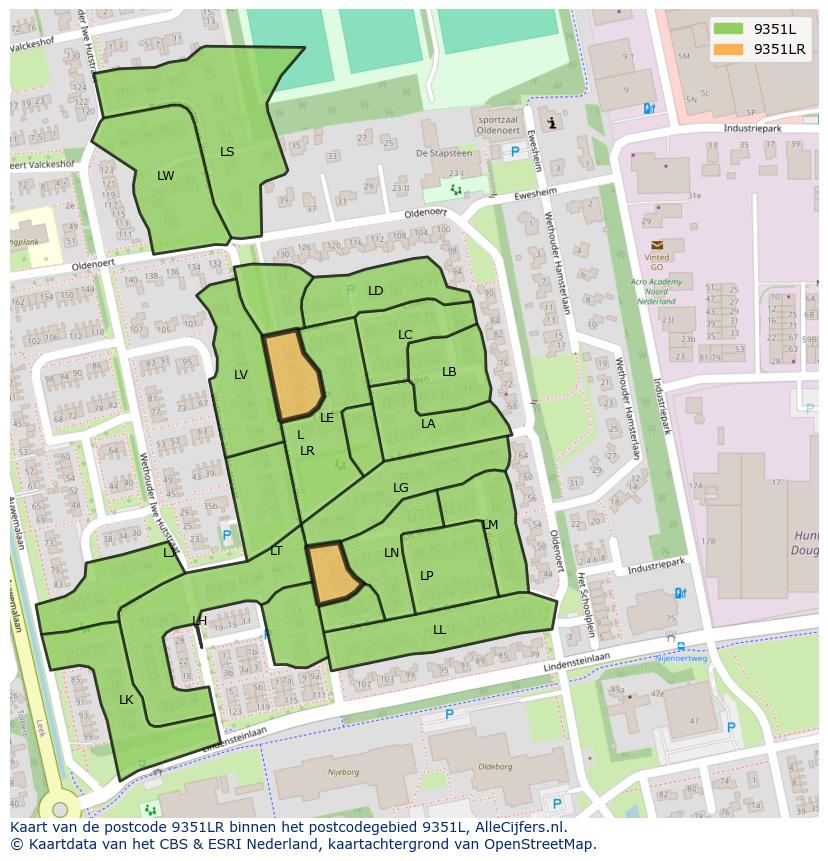 Afbeelding van het postcodegebied 9351 LR op de kaart.