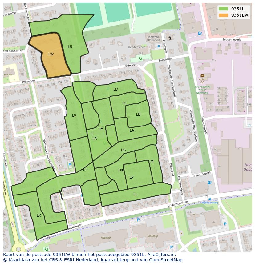 Afbeelding van het postcodegebied 9351 LW op de kaart.