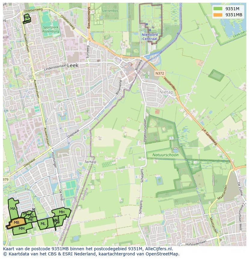 Afbeelding van het postcodegebied 9351 MB op de kaart.