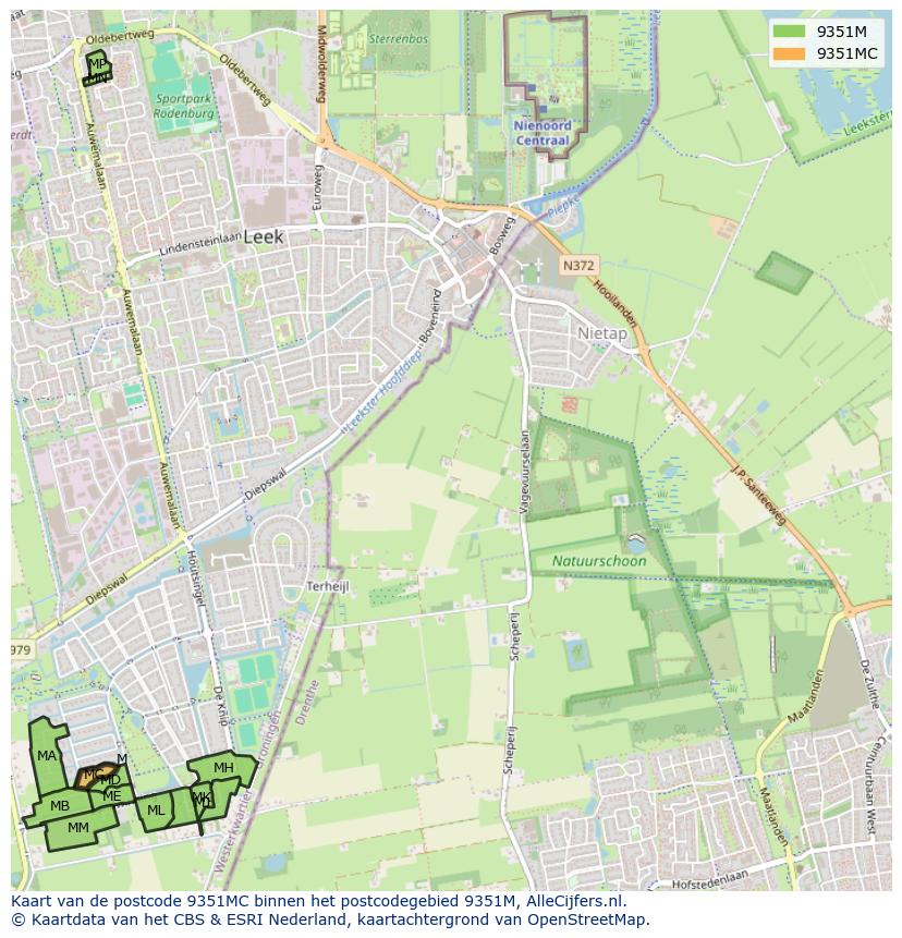 Afbeelding van het postcodegebied 9351 MC op de kaart.