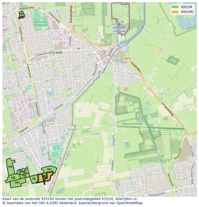Afbeelding van het postcodegebied 9351 MJ op de kaart.