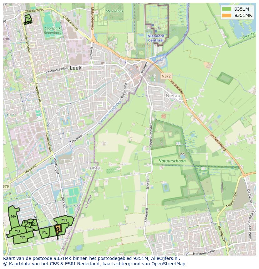 Afbeelding van het postcodegebied 9351 MK op de kaart.