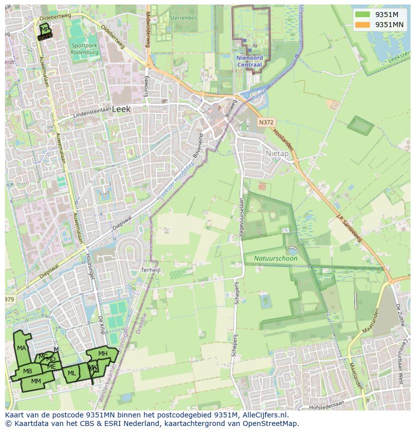Afbeelding van het postcodegebied 9351 MN op de kaart.