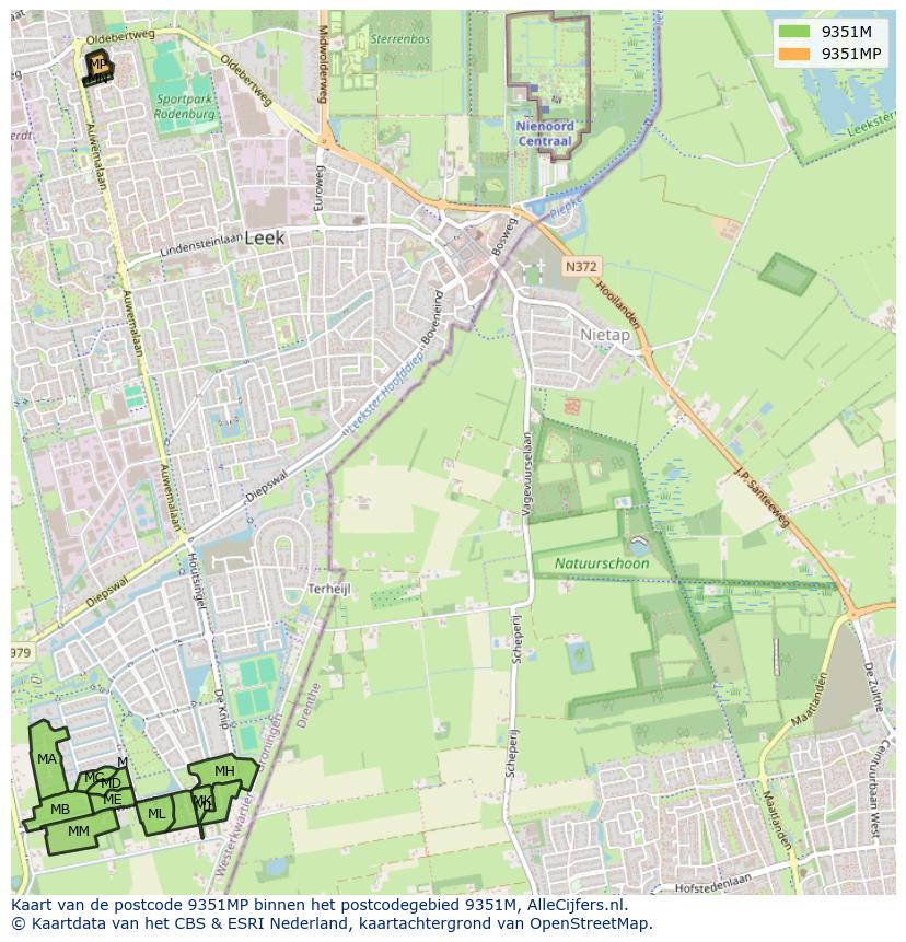 Afbeelding van het postcodegebied 9351 MP op de kaart.