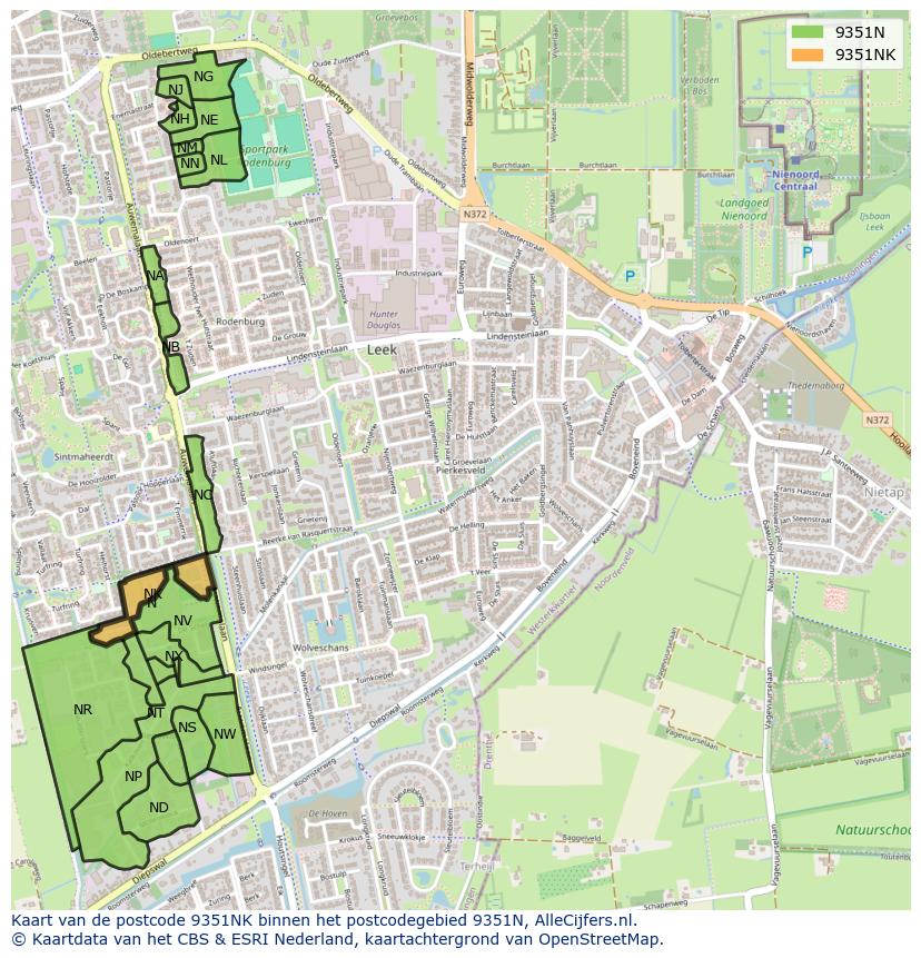Afbeelding van het postcodegebied 9351 NK op de kaart.