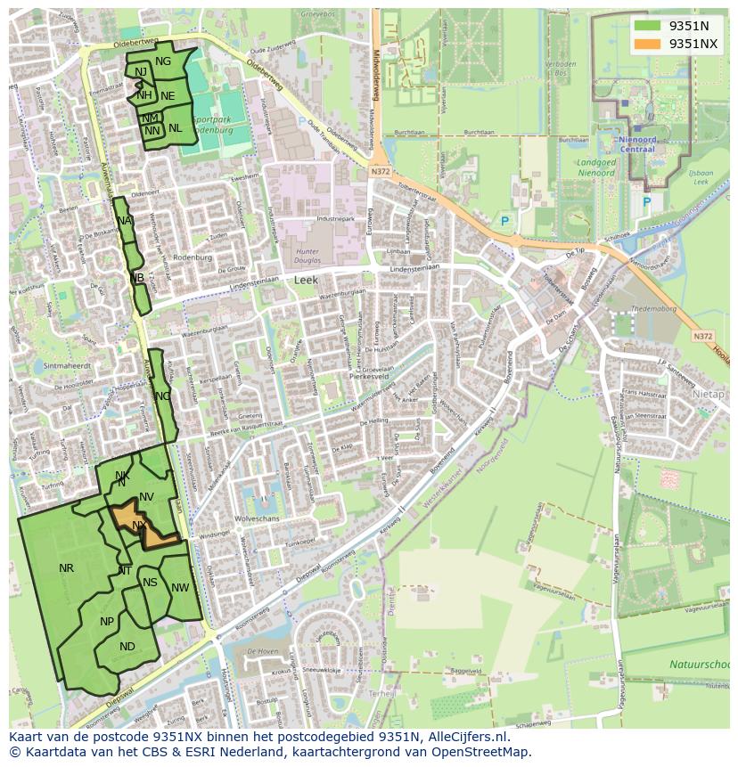 Afbeelding van het postcodegebied 9351 NX op de kaart.