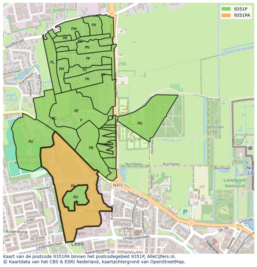 Afbeelding van het postcodegebied 9351 PA op de kaart.