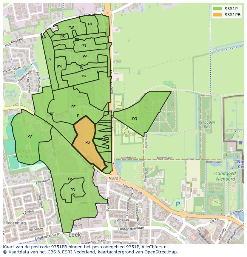 Afbeelding van het postcodegebied 9351 PB op de kaart.