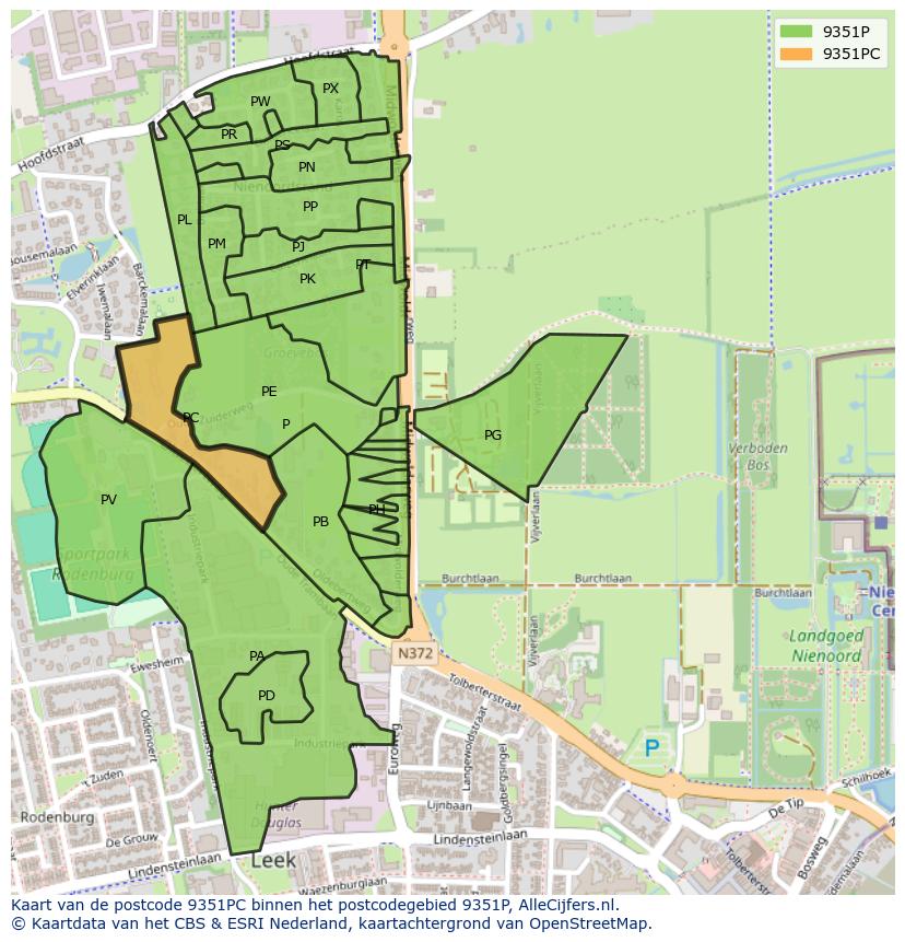Afbeelding van het postcodegebied 9351 PC op de kaart.