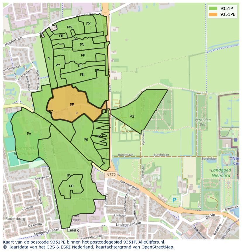 Afbeelding van het postcodegebied 9351 PE op de kaart.