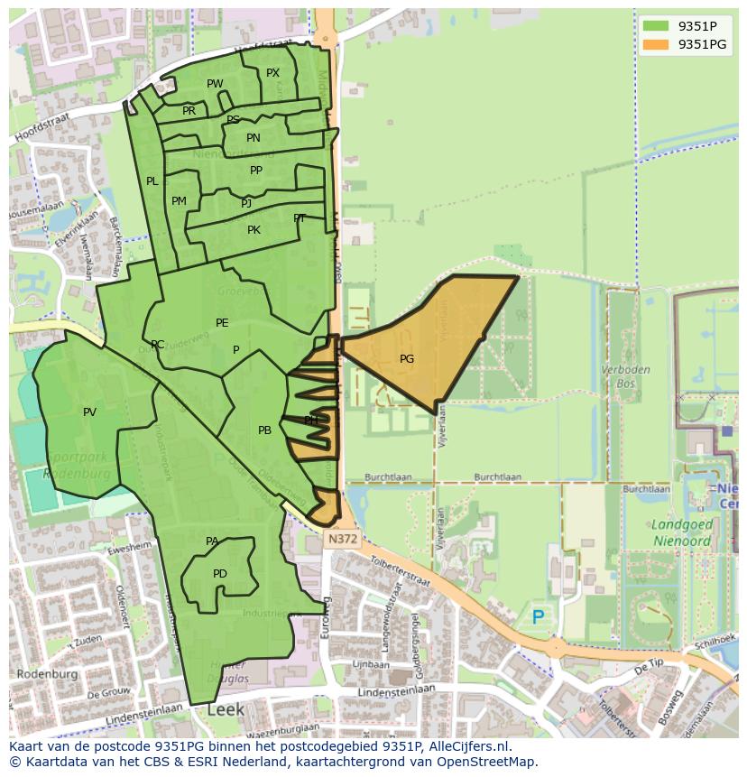 Afbeelding van het postcodegebied 9351 PG op de kaart.