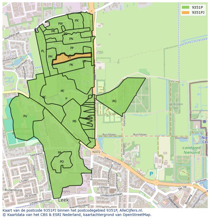 Afbeelding van het postcodegebied 9351 PJ op de kaart.
