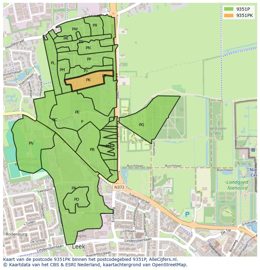 Afbeelding van het postcodegebied 9351 PK op de kaart.