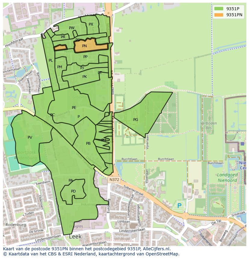 Afbeelding van het postcodegebied 9351 PN op de kaart.