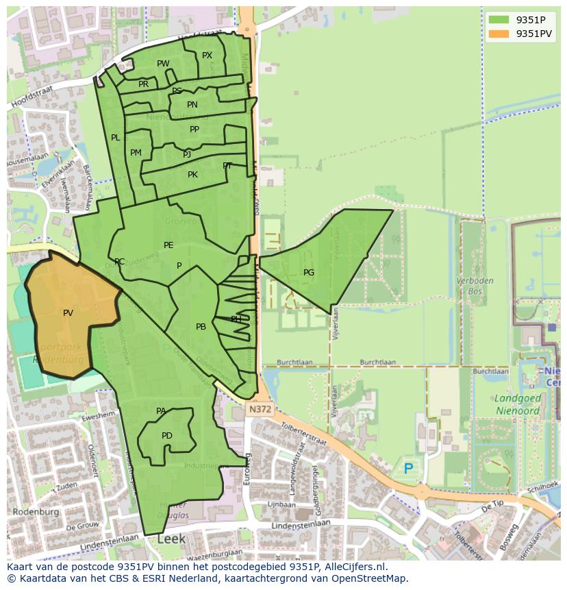 Afbeelding van het postcodegebied 9351 PV op de kaart.