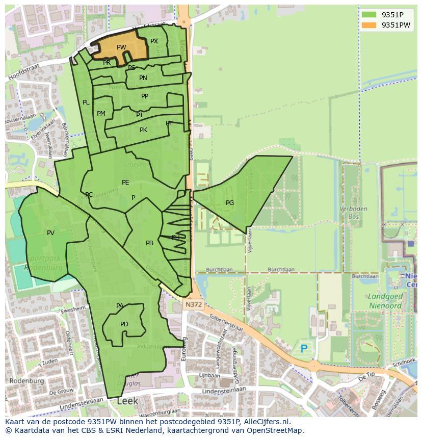Afbeelding van het postcodegebied 9351 PW op de kaart.