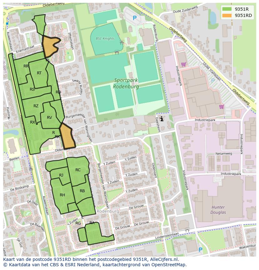 Afbeelding van het postcodegebied 9351 RD op de kaart.