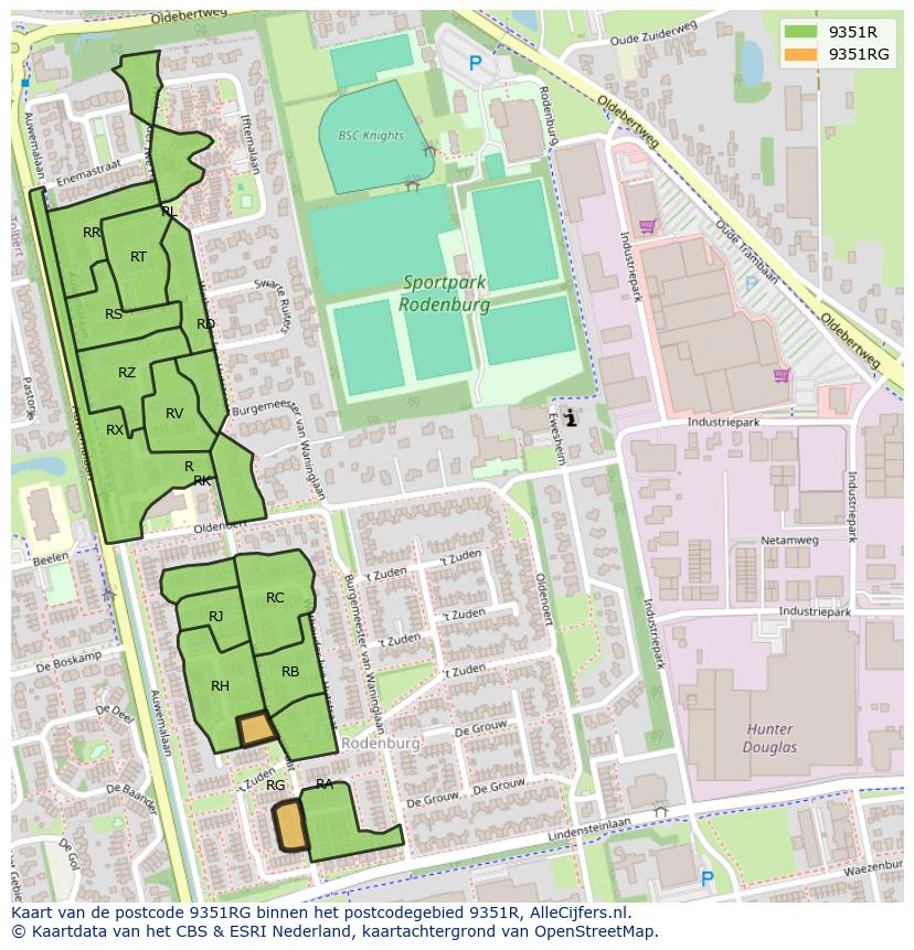 Afbeelding van het postcodegebied 9351 RG op de kaart.