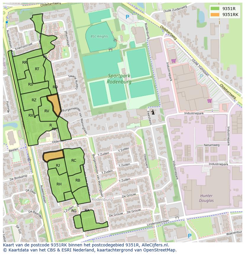 Afbeelding van het postcodegebied 9351 RK op de kaart.