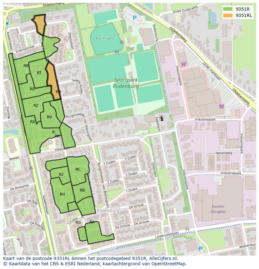 Afbeelding van het postcodegebied 9351 RL op de kaart.