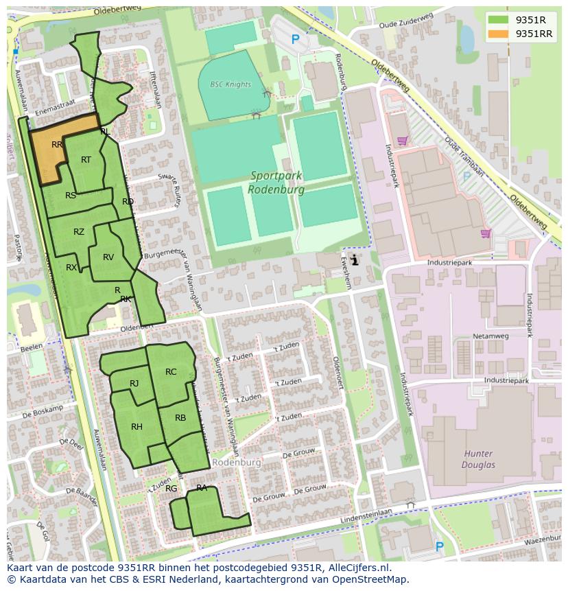 Afbeelding van het postcodegebied 9351 RR op de kaart.
