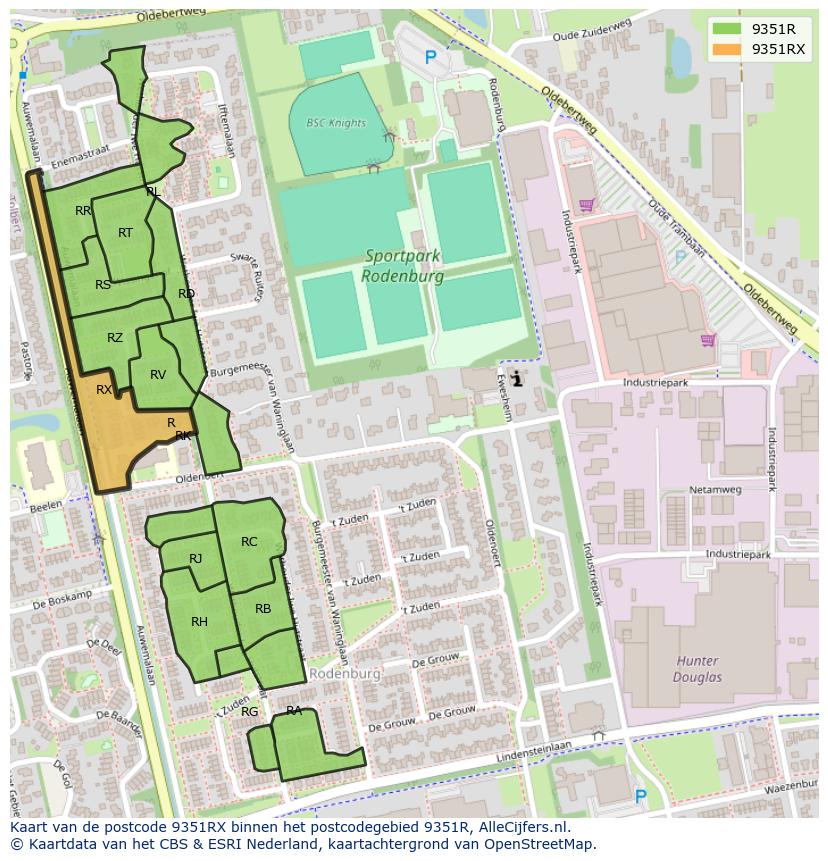 Afbeelding van het postcodegebied 9351 RX op de kaart.