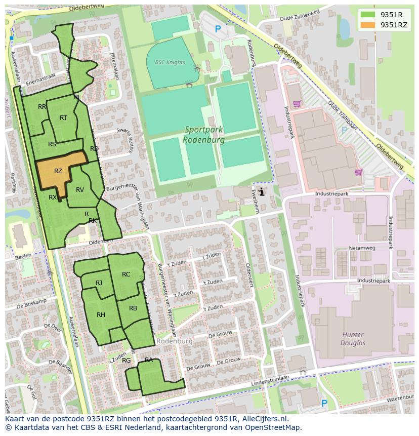 Afbeelding van het postcodegebied 9351 RZ op de kaart.