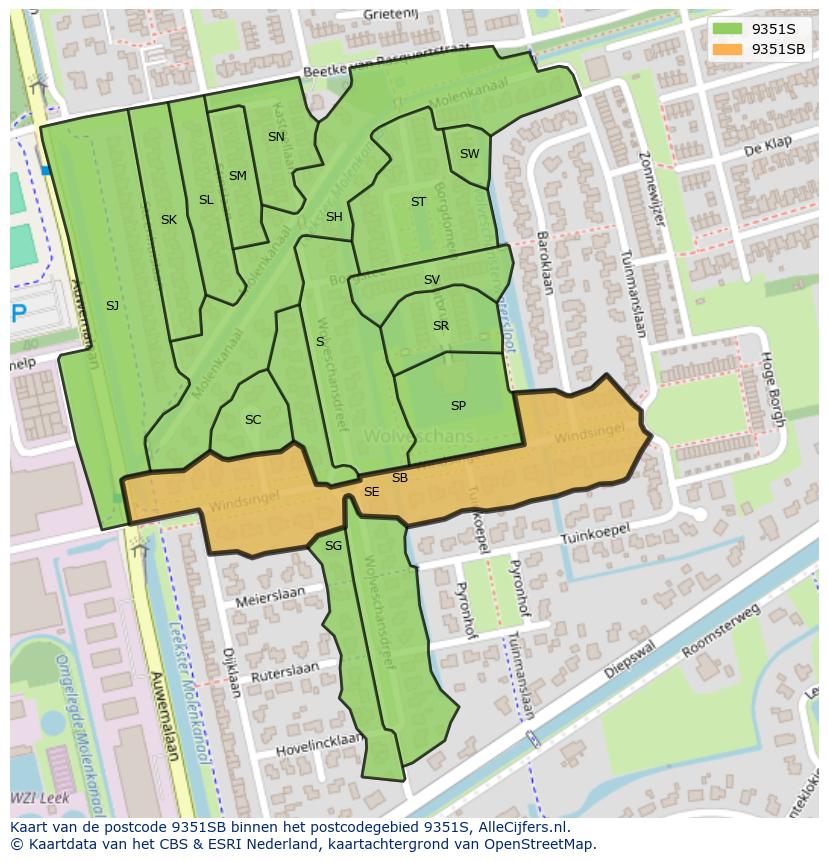 Afbeelding van het postcodegebied 9351 SB op de kaart.
