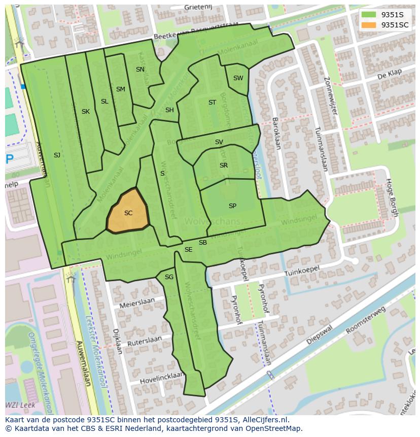 Afbeelding van het postcodegebied 9351 SC op de kaart.