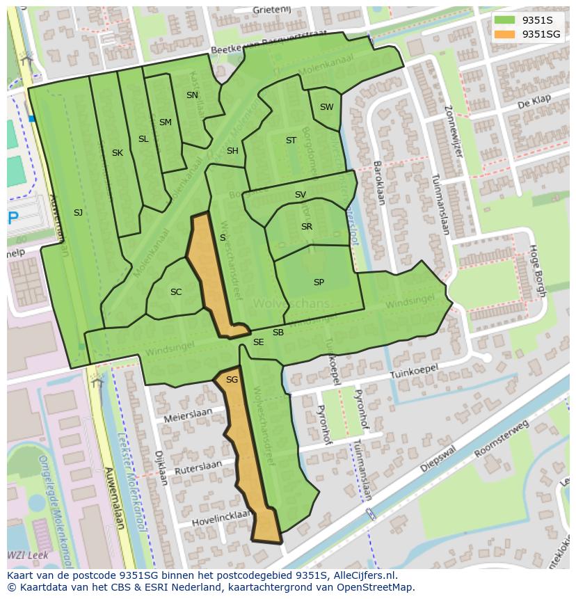 Afbeelding van het postcodegebied 9351 SG op de kaart.