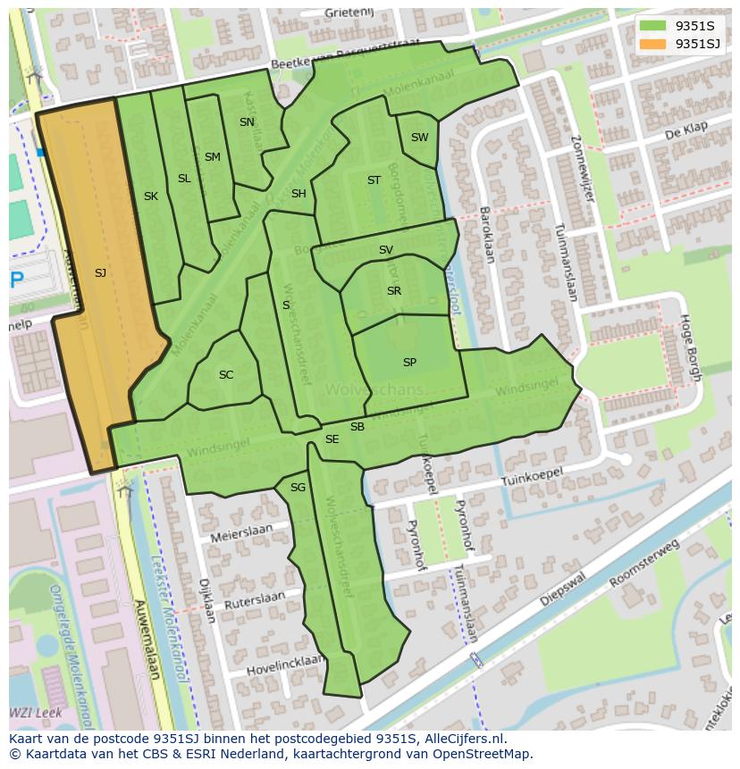 Afbeelding van het postcodegebied 9351 SJ op de kaart.