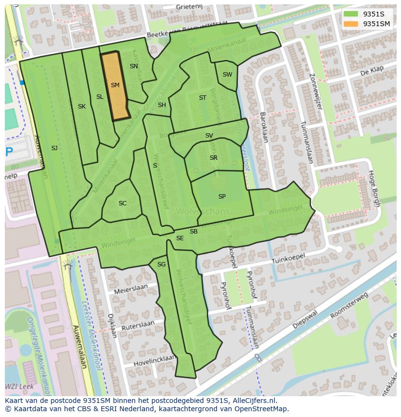 Afbeelding van het postcodegebied 9351 SM op de kaart.