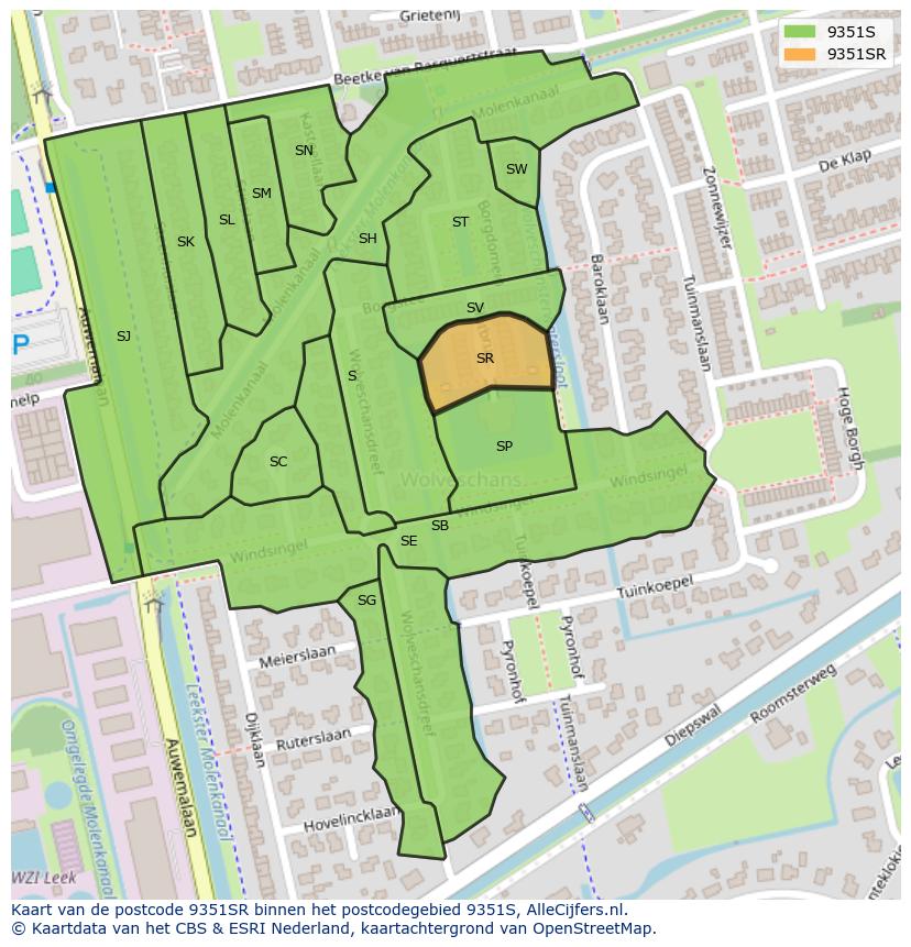 Afbeelding van het postcodegebied 9351 SR op de kaart.