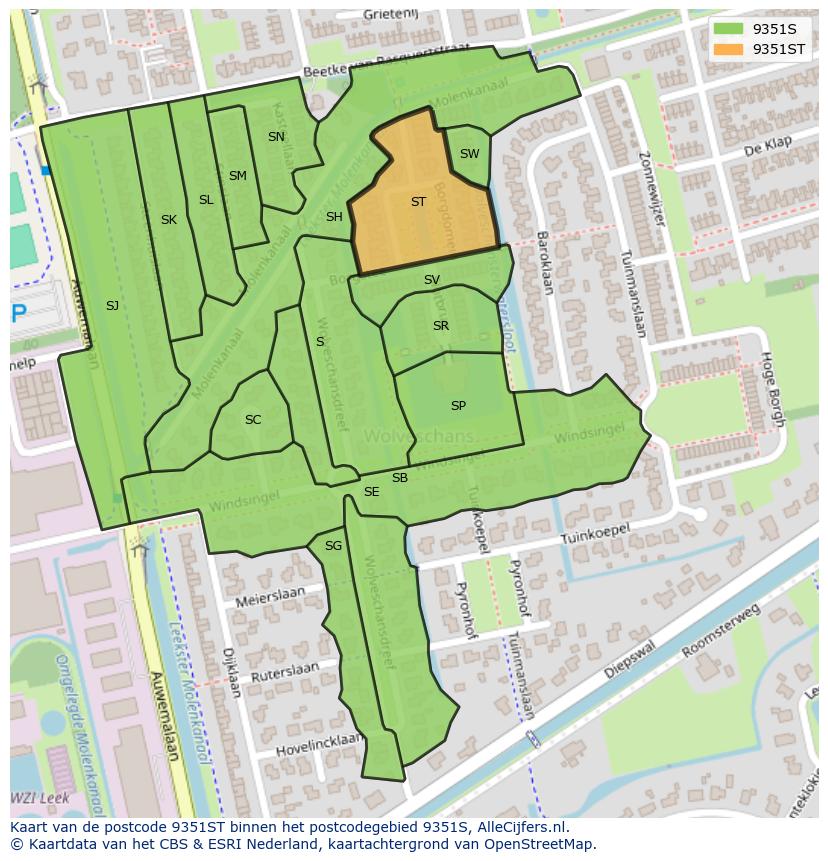 Afbeelding van het postcodegebied 9351 ST op de kaart.