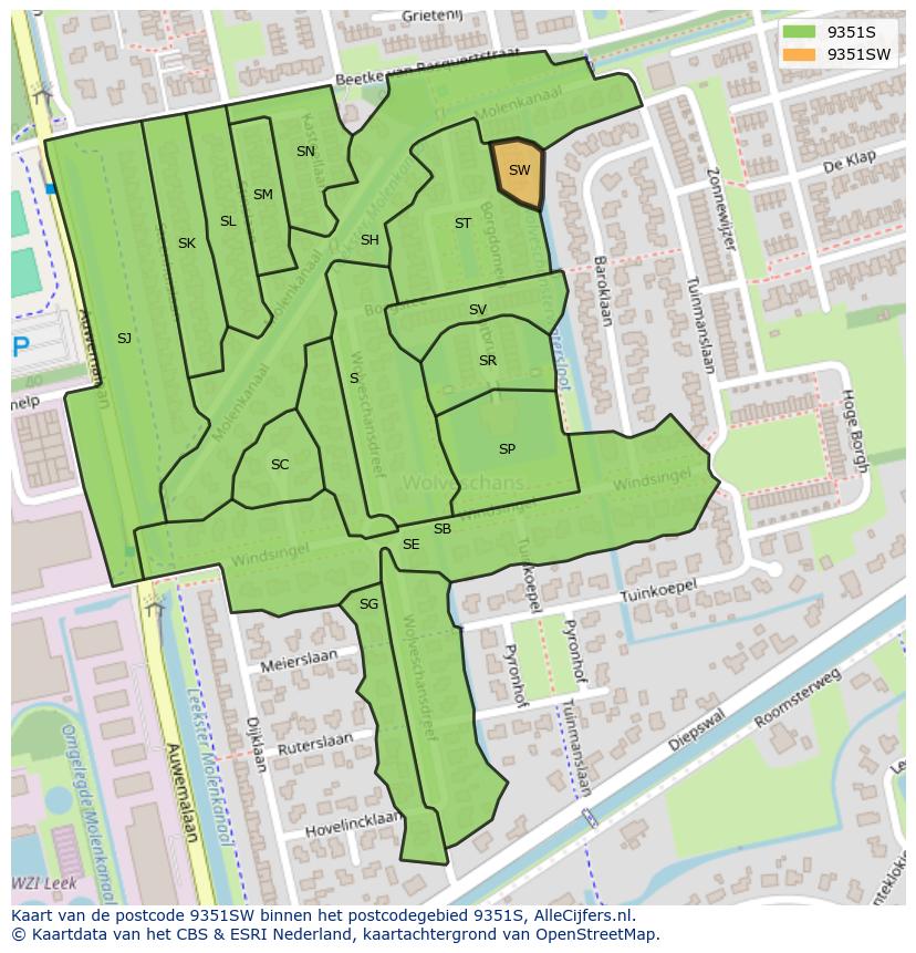 Afbeelding van het postcodegebied 9351 SW op de kaart.