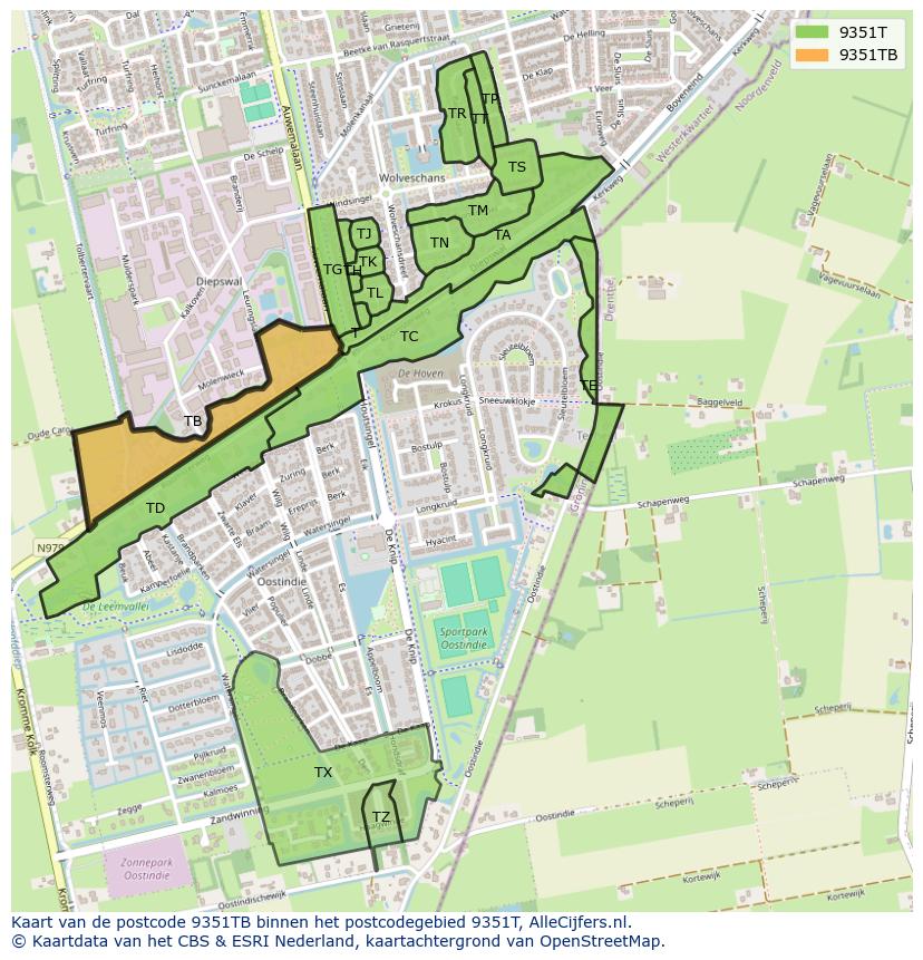 Afbeelding van het postcodegebied 9351 TB op de kaart.