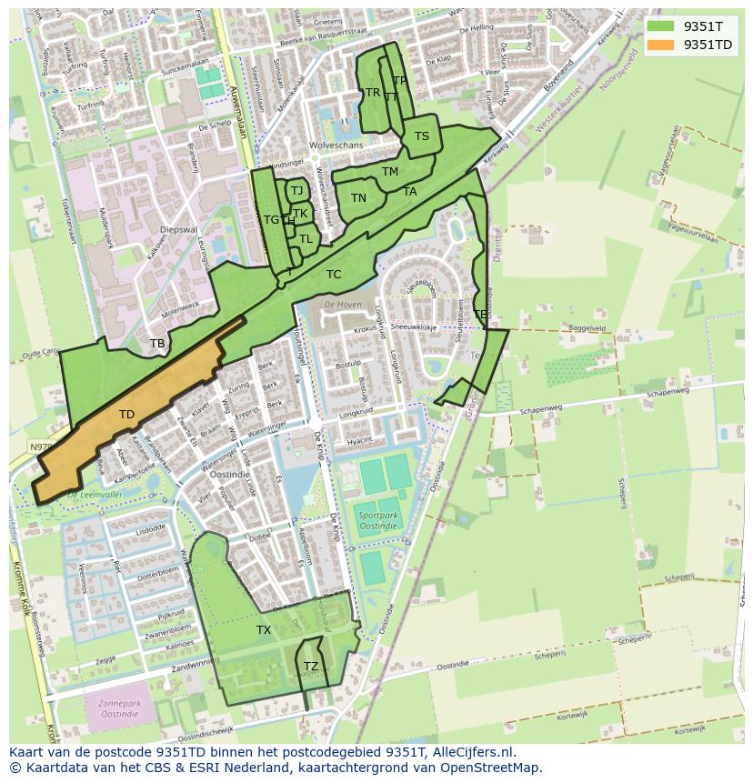 Afbeelding van het postcodegebied 9351 TD op de kaart.