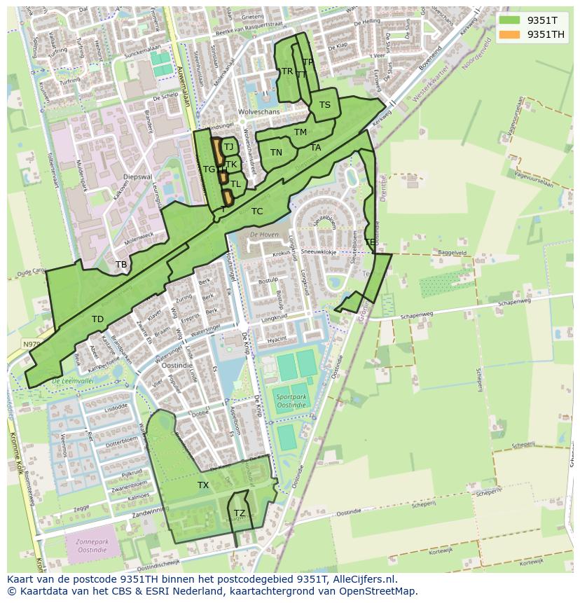 Afbeelding van het postcodegebied 9351 TH op de kaart.
