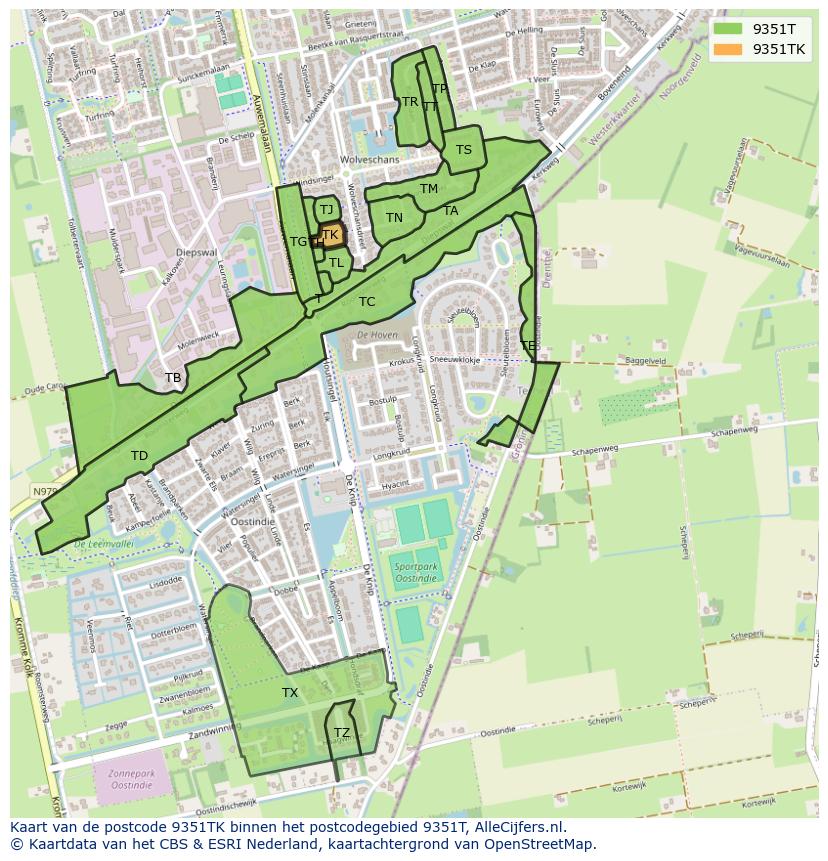 Afbeelding van het postcodegebied 9351 TK op de kaart.