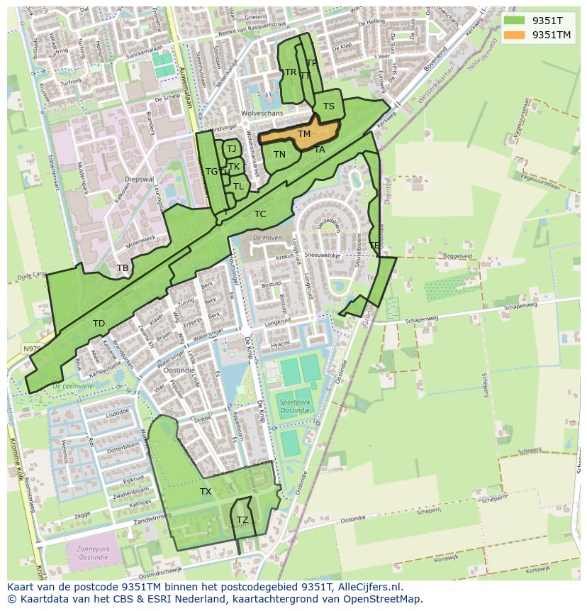 Afbeelding van het postcodegebied 9351 TM op de kaart.