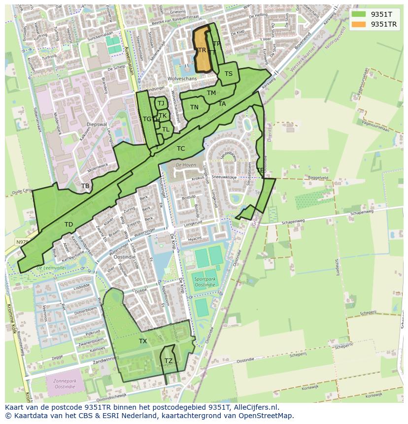 Afbeelding van het postcodegebied 9351 TR op de kaart.