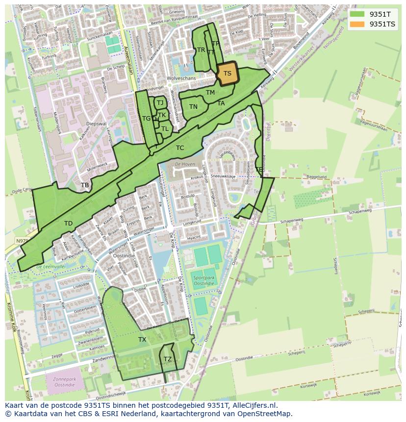 Afbeelding van het postcodegebied 9351 TS op de kaart.