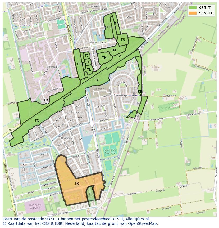 Afbeelding van het postcodegebied 9351 TX op de kaart.