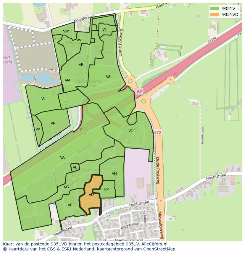Afbeelding van het postcodegebied 9351 VD op de kaart.