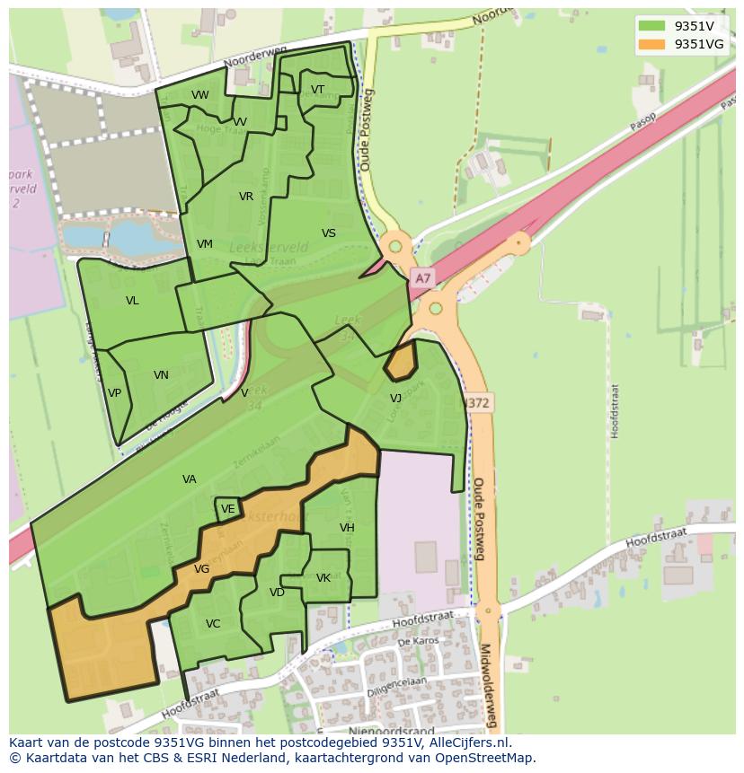 Afbeelding van het postcodegebied 9351 VG op de kaart.