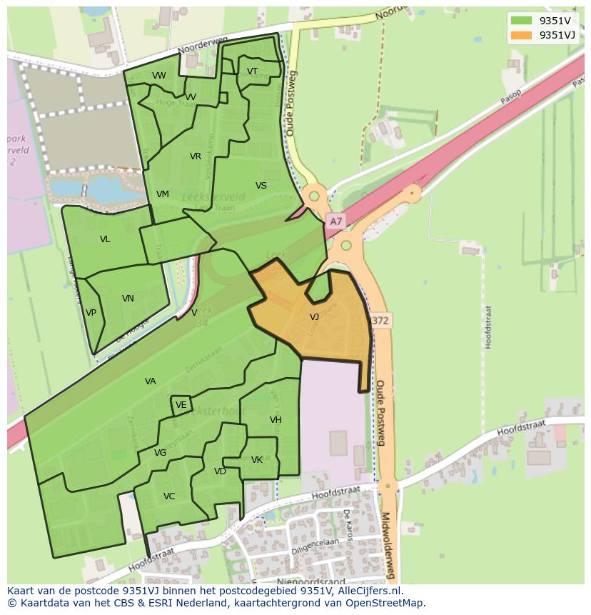 Afbeelding van het postcodegebied 9351 VJ op de kaart.