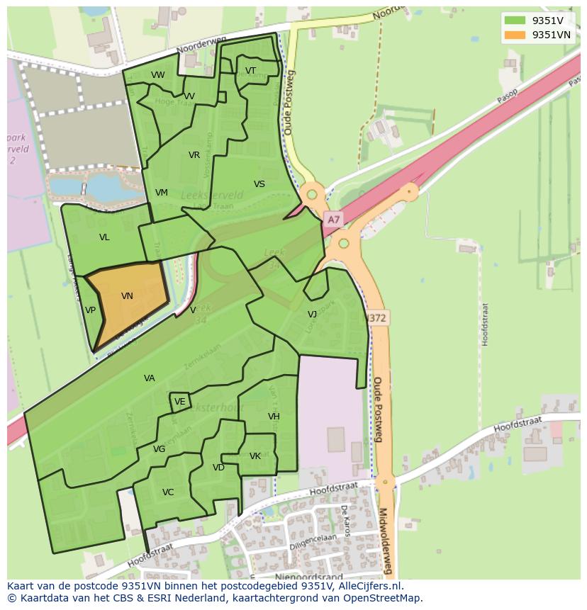 Afbeelding van het postcodegebied 9351 VN op de kaart.