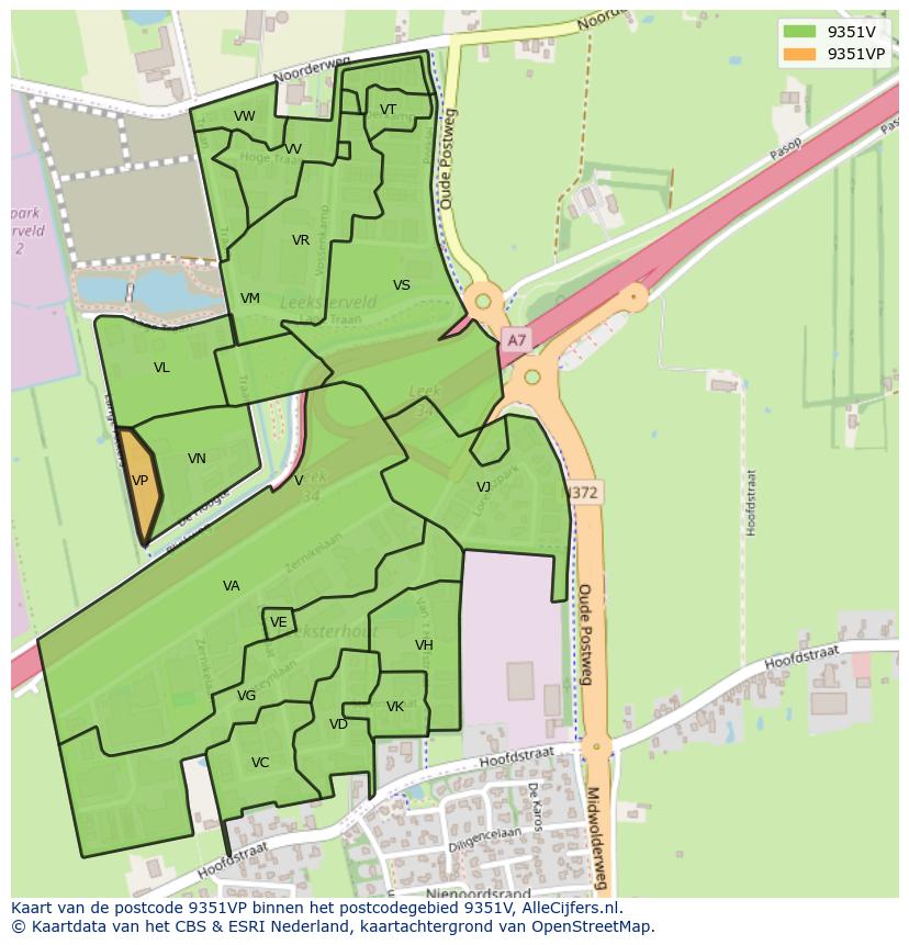 Afbeelding van het postcodegebied 9351 VP op de kaart.