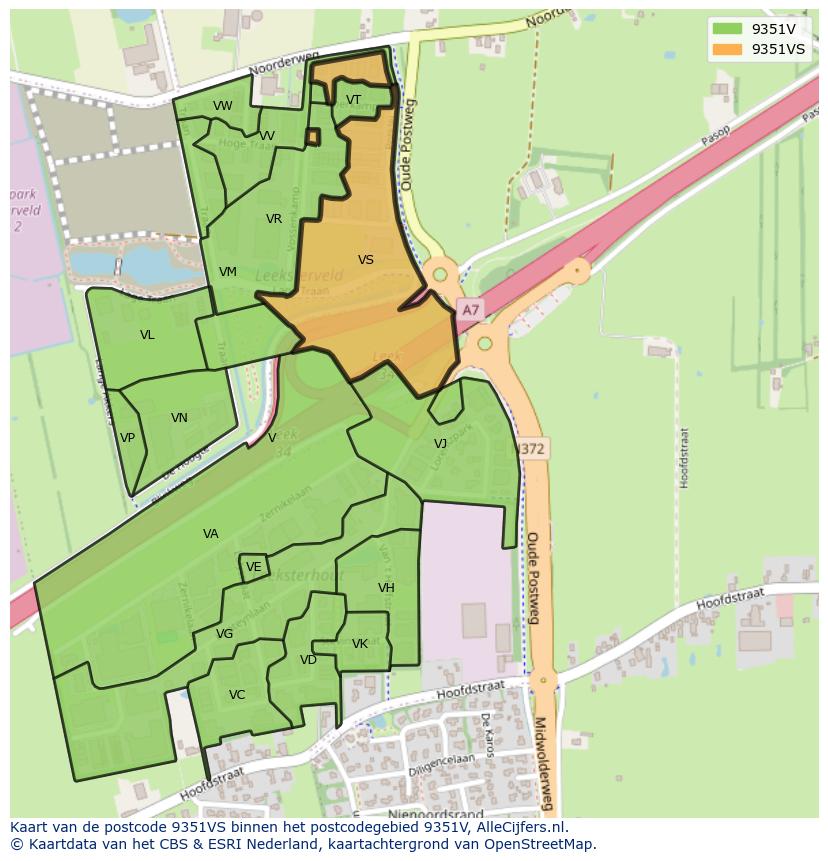 Afbeelding van het postcodegebied 9351 VS op de kaart.