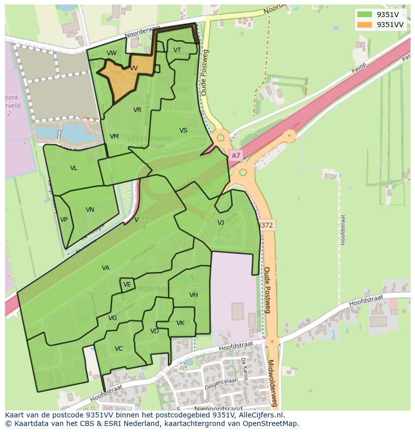 Afbeelding van het postcodegebied 9351 VV op de kaart.